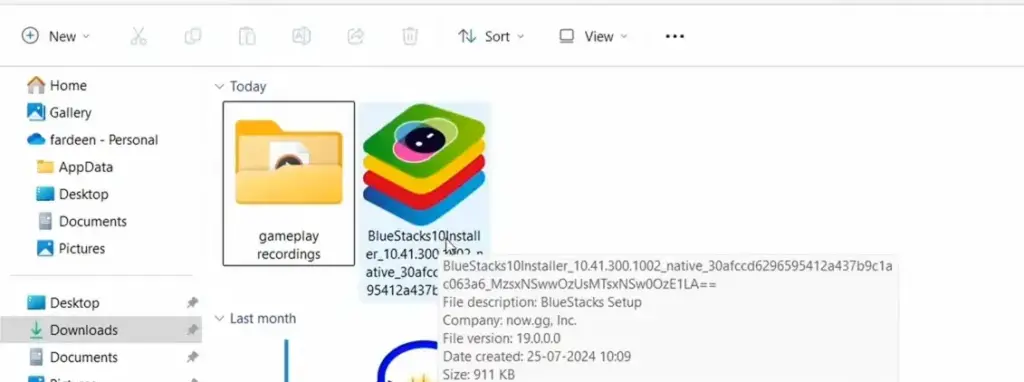 BlueStacks exe file in Download Folder